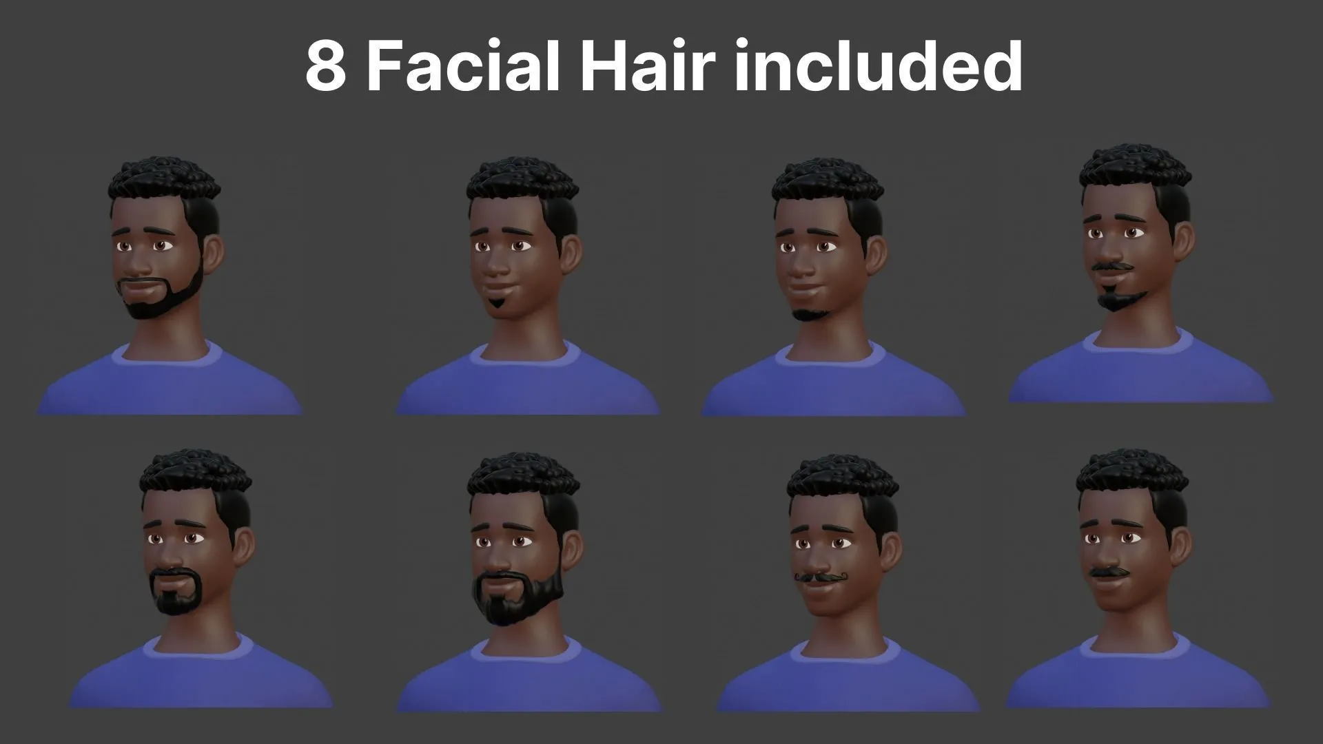 8 facial hair options for Customizable Black Man Character